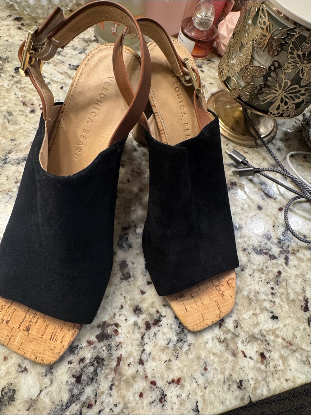 Veronica Beard Black Suede Cork Block Heel Mules